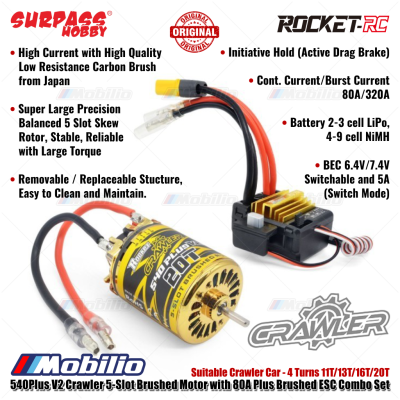 Surpass Hobby Rocket-RC 540Plus V2 Crawler 5-Slot Brushed Motor with 80A Plus Brushed ESC Combo Set Suitable Crawler Car 4 Turns 11T/13T/16T/20T Remote Control