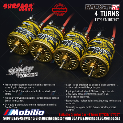 Surpass Hobby Rocket-RC 540Plus V2 Crawler 5-Slot Brushed Motor with 80A Plus Brushed ESC Combo Set Suitable Crawler Car 4 Turns 11T/13T/16T/20T Remote Control