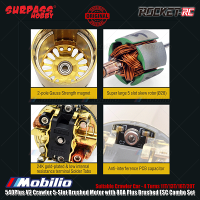Surpass Hobby Rocket-RC 540Plus V2 Crawler 5-Slot Brushed Motor with 80A Plus Brushed ESC Combo Set Suitable Crawler Car 4 Turns 11T/13T/16T/20T Remote Control