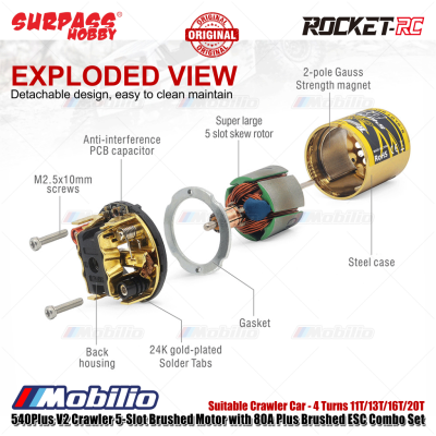 Surpass Hobby Rocket-RC 540Plus V2 Crawler 5-Slot Brushed Motor with 80A Plus Brushed ESC Combo Set Suitable Crawler Car 4 Turns 11T/13T/16T/20T Remote Control