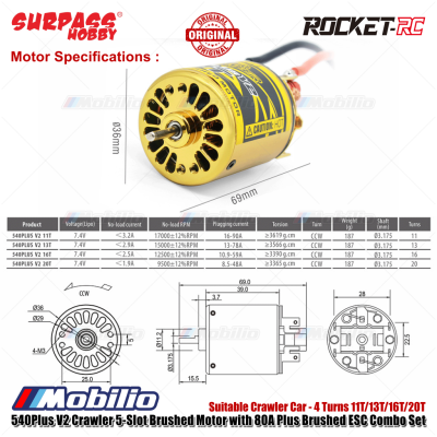 Surpass Hobby Rocket-RC 540Plus V2 Crawler 5-Slot Brushed Motor with 80A Plus Brushed ESC Combo Set Suitable Crawler Car 4 Turns 11T/13T/16T/20T Remote Control