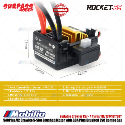 Surpass Hobby Rocket-RC 540Plus V2 Crawler 5-Slot Brushed Motor with 80A Plus Brushed ESC Combo Set Suitable Crawler Car 4 Turns 11T/13T/16T/20T Remote Control