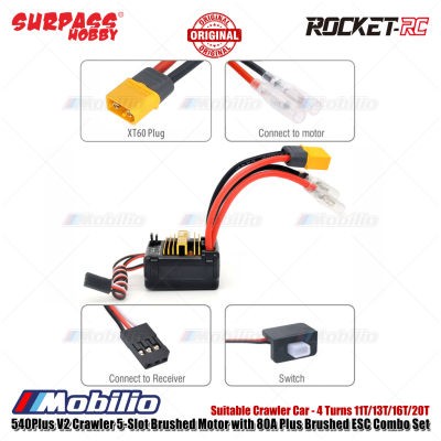 Surpass Hobby Rocket-RC 540Plus V2 Crawler 5-Slot Brushed Motor with 80A Plus Brushed ESC Combo Set Suitable Crawler Car 4 Turns 11T/13T/16T/20T Remote Control
