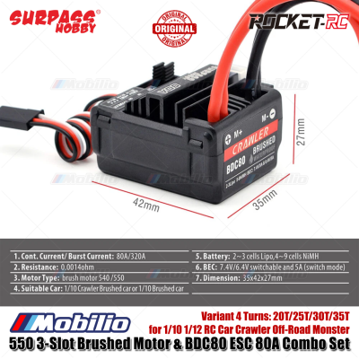Surpass Hobby 550 3-Slot Brushed Motor BDC80 ESC 80A Combo Set 20T/25T/30T/35T for 1/10 1/12 RC Car Crawler Off-Road Monster