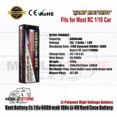 Vant Battery 2S 7.6V 6000 mAh 100C Li-HV Li-Polymer Hard Case Battery