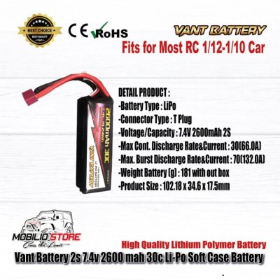 Vant Battery 7.4V 2S 2600 mAh Lithium Polymer LiPo Baterai Soft Case