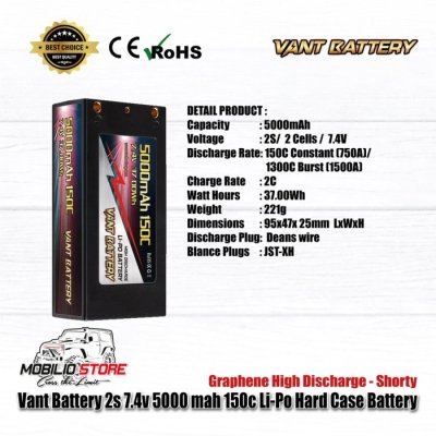 Vant 2S 7.4V 5000 mAh 150C LiPo Graphene Hard Case Battery Shorty