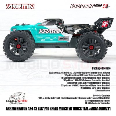 Arrma 110 Kraton 4X4 4S V2 BLX Speed Monster Truck RC RTR Teal