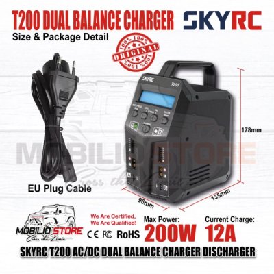 SKYRC T200 AC/DC 200W 12A Baterai Lipo Dual Balance Charger Discharger