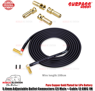 Surpass Hobby 5.0mm Adjustable Pure Copper Gold Plated Bullet Connectors (2) Male + Cable 12 AWG 1M for LiPo Battery