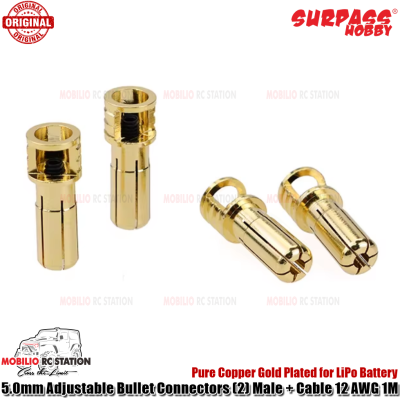 Surpass Hobby 5.0mm Adjustable Pure Copper Gold Plated Bullet Connectors (2) Male + Cable 12 AWG 1M for LiPo Battery