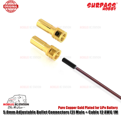 Surpass Hobby 5.0mm Adjustable Pure Copper Gold Plated Bullet Connectors (2) Male + Cable 12 AWG 1M for LiPo Battery