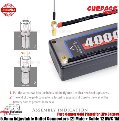 Surpass Hobby 5.0mm Adjustable Pure Copper Gold Plated Bullet Connectors (2) Male + Cable 12 AWG 1M for LiPo Battery