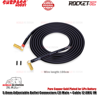 Surpass Hobby 5.0mm Adjustable Pure Copper Gold Plated Bullet Connectors (2) Male + Cable 12 AWG 1M for LiPo Battery