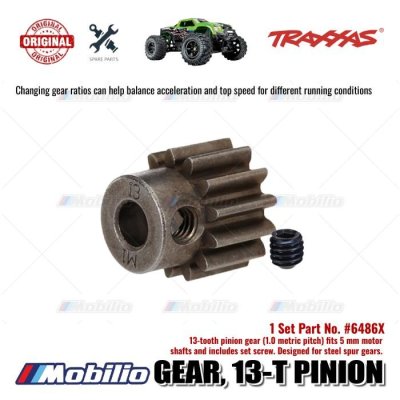 Traxxas Part #6486X 13-tooth pinion gear (1.0 metric pitch) fits 5 mm motor shafts and includes set screw for RC E-Revo X-Maxx XRT