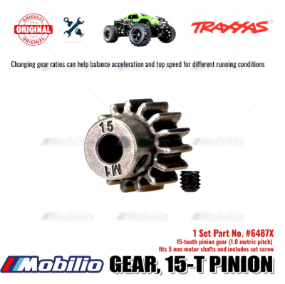 Traxxas Part #6487X 15-tooth pinion gear (1.0 metric pitch) fits 5 mm motor shafts and includes set screw for RC E-Revo Maxx X-Maxx XRT