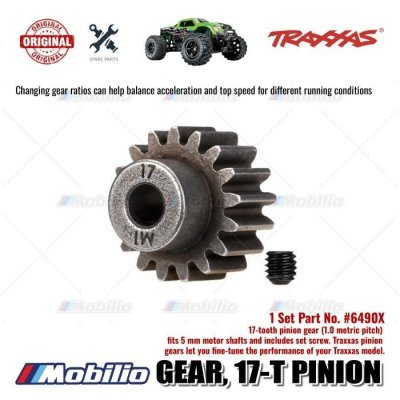 Traxxas Part #6490X 17-tooth pinion gear (1.0 metric pitch) fits 5 mm motor shafts and includes set screw for RC E-Revo Maxx X-Maxx XRT