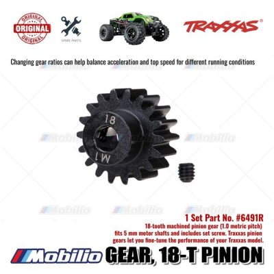 Traxxas Part #6491R 18-tooth machined pinion gear (1.0 metric pitch) fits 5 mm motor shafts and includes set screw for RC E-Revo Maxx Sledge X-Maxx