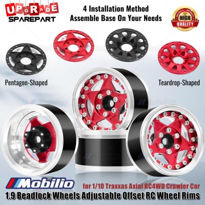 Metal 1.9 Beadlock Wheels Adjustable Offset RC Wheel Rims Velg for 1/10 Traxxas Axial RC4WD RGT Yikong Vanquish Crawler Car - Teardrop-Black