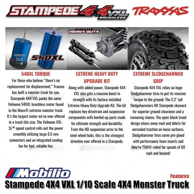 Traxxas Stampede VXL 1/10 Scale 4X4 Monster Truck Fully-Assembled Waterproof RTR with TQi TSM