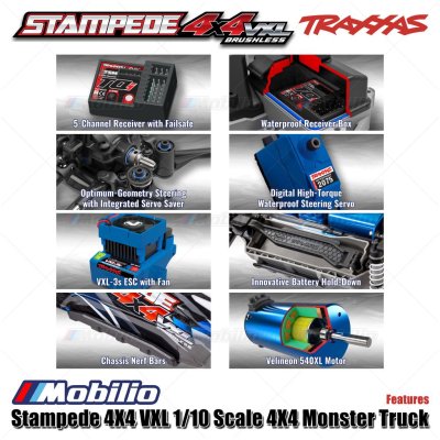 Traxxas Stampede VXL 1/10 Scale 4X4 Monster Truck Fully-Assembled Waterproof RTR with TQi TSM