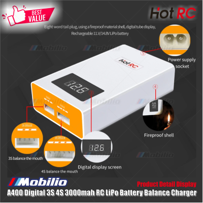 HotRC A400 Digital 3S 4S 3000mah RC Lipo Battery Balance Charger with LED Screen Fast Charge for RC Remote Control Car Aircraft Boat Quadcopter