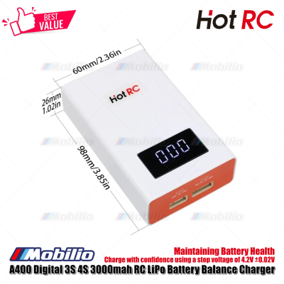 HotRC A400 Digital 3S 4S 3000mah RC Lipo Battery Balance Charger with LED Screen Fast Charge for RC Remote Control Car Aircraft Boat Quadcopter