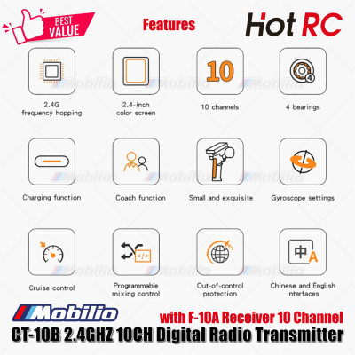 HotRC CT-10B 2.4GHZ 10CH Digital Radio Transmitter with F-10A Receiver 10 Channel for RC Car Boat Tank
