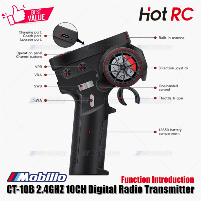 HotRC CT-10B 2.4GHZ 10CH Digital Radio Transmitter with F-10A Receiver 10 Channel for RC Car Boat Tank
