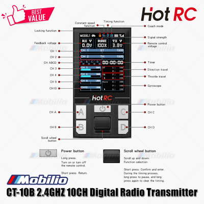 HotRC CT-10B 2.4GHZ 10CH Digital Radio Transmitter with F-10A Receiver 10 Channel for RC Car Boat Tank
