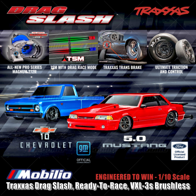 Traxxas Drag Slash Chevrolet / Ford Mustang 1/10 Scale RTR TSM Brushless VXL-3s RC Car Race