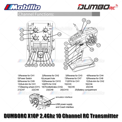 Dumborc X10P-350 10 Channel 2.4GHZ Transmitter with Receiver P10F P10FG P6DC Waterproof Version Available for Remote Control Car Boat Tank All Types of RC Models