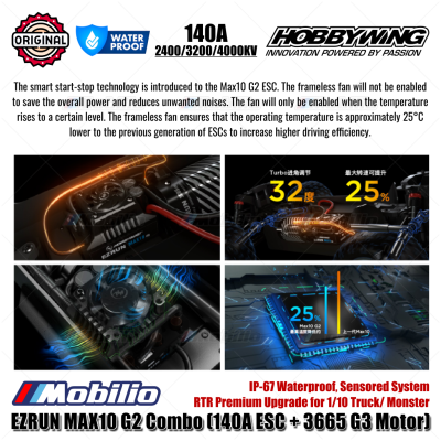 Hobbywing EzRun MAX10 G2 Combo 140A ESC & 3665 G3 Motor 2400KV #38020343 / 3200KV #38020344 / 4000KV #38020345 IP-67 Waterproof Sensored System RTR Premium Upgrade for 1/10 Truck Monster