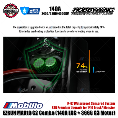 Hobbywing EzRun MAX10 G2 Combo 140A ESC & 3665 G3 Motor 2400KV #38020343 / 3200KV #38020344 / 4000KV #38020345 IP-67 Waterproof Sensored System RTR Premium Upgrade for 1/10 Truck Monster