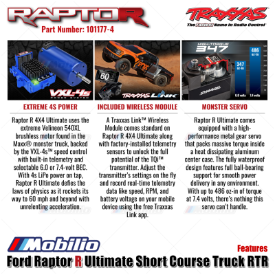 Traxxas Ford Raptor R Ultimate 4X4 Short Course Truck RC 1/10 Scale Fully Assembled Waterproof RTR Remote Control