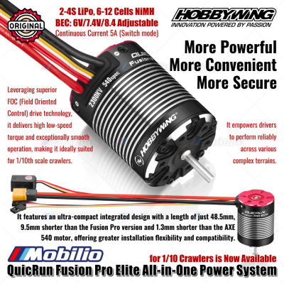 Hobbywing QuicRun Fusion Pro Elite All-in-One Power System 2300KV 540 for RC 1/10 Scale Crawlers Car Adventure    - Product Name : QuicRun Fusion Pro Elite  - Product Number : 30120500    Type  - Scale : 1/10th  - Brushed/Brushless : Brushless  - Sensored