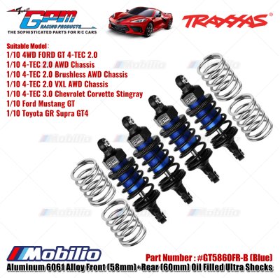 GPM Part #GT5860FR Aluminum 6061 Alloy Front 58mm & Rear (60mm) Oil Filled Ultra Shocks for Traxxas 1/10 Ford GT 4-TEC 2.0 / 3.0 Chevrolet Corvette Stingray / Ford Mustang GT / Toyota GR Supra GT4 Upgrade Parts