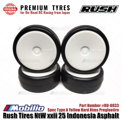 Rush Tires #RU-0833 NtW xxii 25 Indonesia Asphalt Spec Type A Yellow Hard Rims Pregluetire Premium Tyres for On-Road RC Racing from Japan