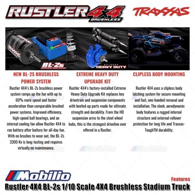 Traxxas Rustler BL-2s 1/10 Scale 4X4 Brushless Stadium Truck Fully-Assembled Waterproof Electronics RTR with TQ 2.4 GHz Radio System
