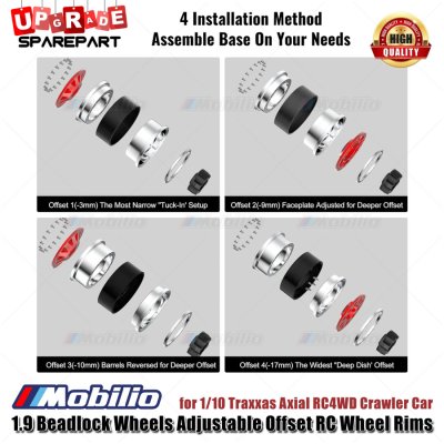 Metal 1.9 Beadlock Wheels Adjustable Offset RC Wheel Rims Velg for 1/10 Traxxas Axial RC4WD RGT Yikong Vanquish Crawler Car - Teardrop-Black