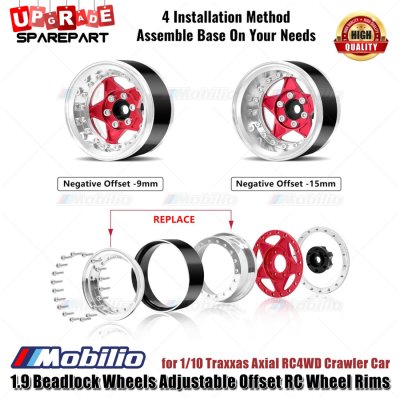 Metal 1.9 Beadlock Wheels Adjustable Offset RC Wheel Rims Velg for 1/10 Traxxas Axial RC4WD RGT Yikong Vanquish Crawler Car - Teardrop-Black