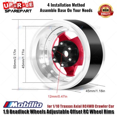 Metal 1.9 Beadlock Wheels Adjustable Offset RC Wheel Rims Velg for 1/10 Traxxas Axial RC4WD RGT Yikong Vanquish Crawler Car - Teardrop-Black