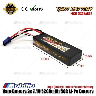 Vant Battery Lipo 2S 7.4 Volt 5200mAh 50C Lithium Polimer Hard Case Baterai EC3 EC5 for RC Axial Arrma ESC Spektrum IC3 IC5