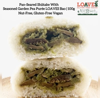 Pan-Seared Shitake With Seasoned Garden Pea Puree LOAVES Bao I Nut-Free, Gluten-Free Vegan I 100g