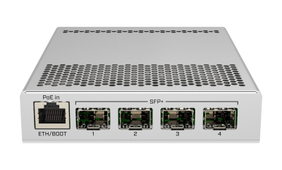 CRS305-1G-4S+IN : 5-Port Desktop Switch with 1 Gigabit Ethernet Port and 4 SFP+ 10Gbps Ports