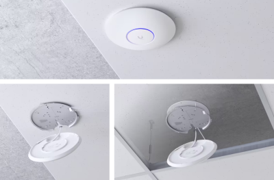 UniFi UAP-AC-HD rear view showing GbE PoE port, USB-C port, reset button, and ceiling wall mounting support