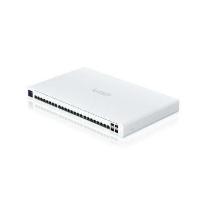 UISP-S-Pro : 220W (27V) PoE switch with (24) GbE RJ45 ports, including (16) with 27V passive PoE, and (4) 10G SFP+ ports.