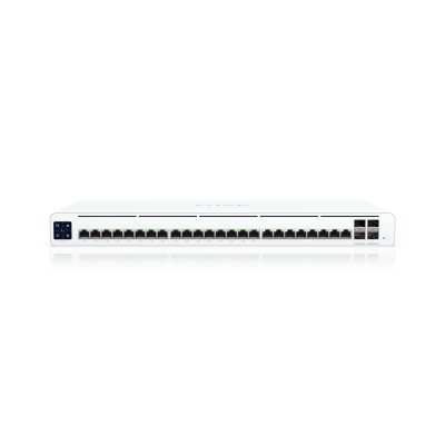 UISP-S-Pro : 220W (27V) PoE switch with (24) GbE RJ45 ports, including (16) with 27V passive PoE, and (4) 10G SFP+ ports.