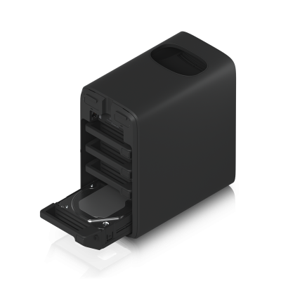 UNAS-4-B : UniFi Storage — Network-attached storage with 4 HDD bays, 2 M.2 NVMe SSD slots, 2.5 GbE networking, USB-C, and included PoE+++ adapter.