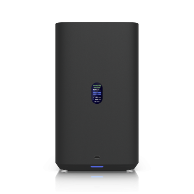 UNAS-4-B : UniFi Storage — Network-attached storage with 4 HDD bays, 2 M.2 NVMe SSD slots, 2.5 GbE networking, USB-C, and included PoE+++ adapter.